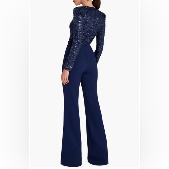 Nadine Merabi Misha Belted Long Sleeve Flare Jumpsuit Navy - Picture 3 of 9